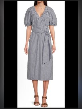 Alex Marie Navy & White Vertical Stripe Puffer Sleeve V-Neck Dress